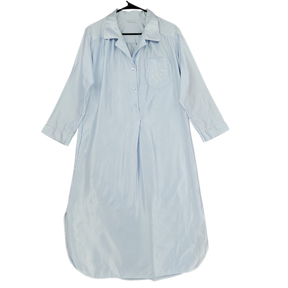 Vtg Maidenform Nightgown S Blue Long Sleeve Embroidered Sleepwear Nightshirt USA